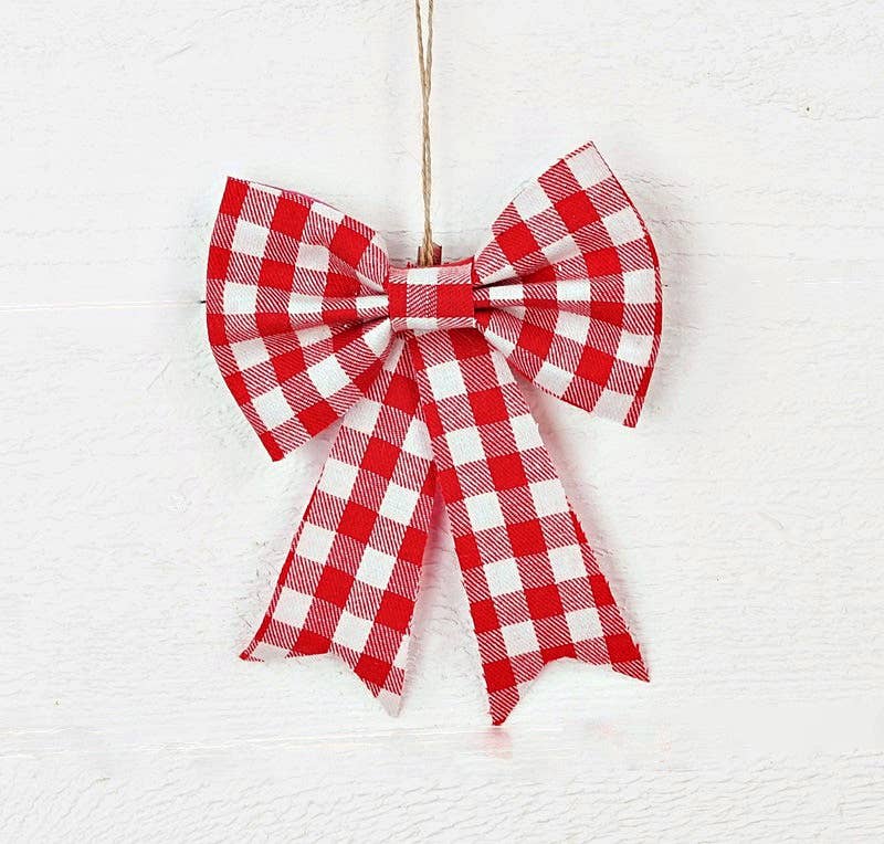 11375- 5Wx6.5L Gingham Bow Ornament-Red White-24/192pcs