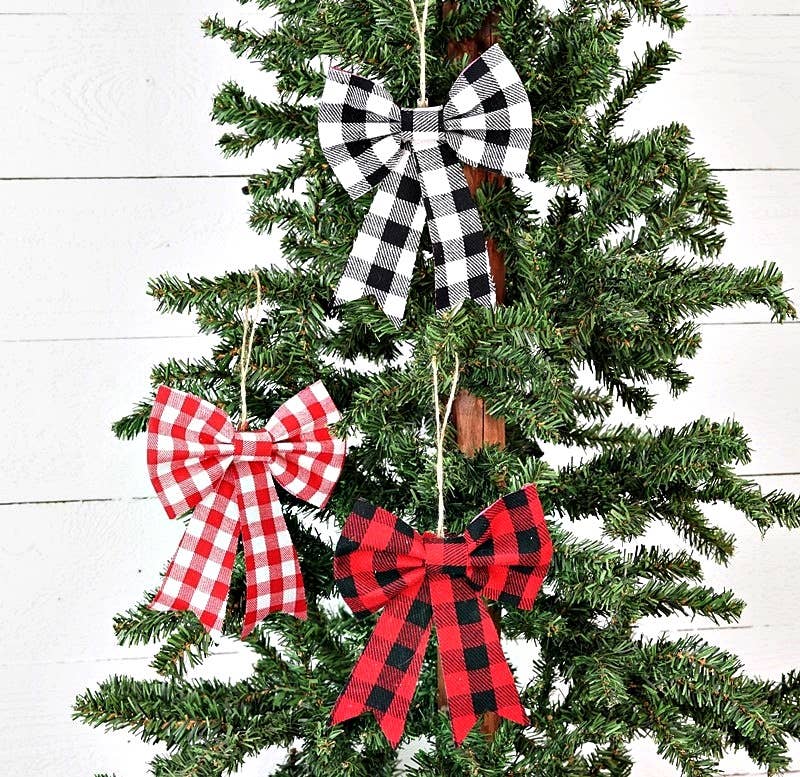 11375- 5Wx6.5L Gingham Bow Ornament-Red White-24/192pcs